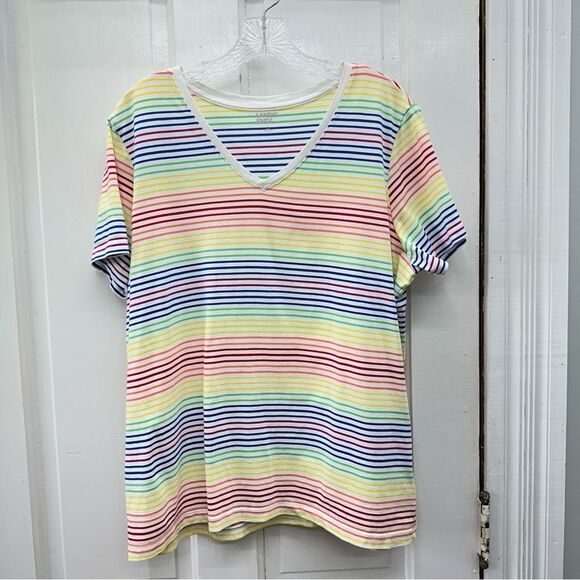Lands' End rainbow stripe V neck short sleeve shirt women's large 14 16 - Picture 1 of 4